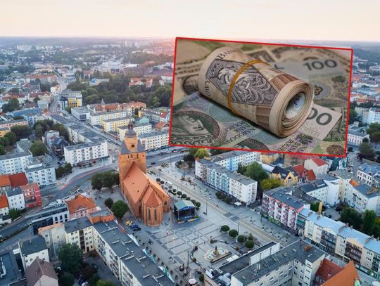 Banknoty na tle panoramy Gorzowa Wielkopolskiego.