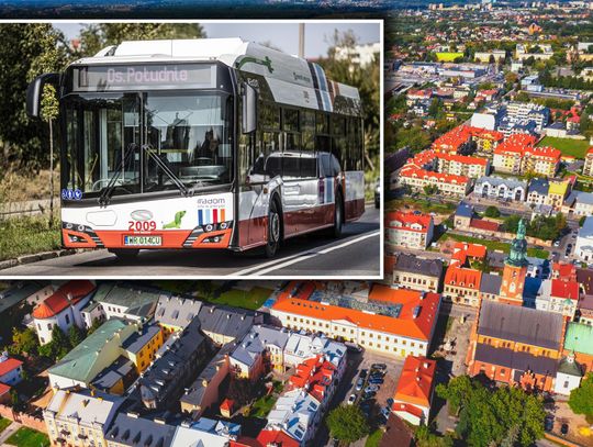 Na zdj. panorama Radomia i autobus elektryczny.