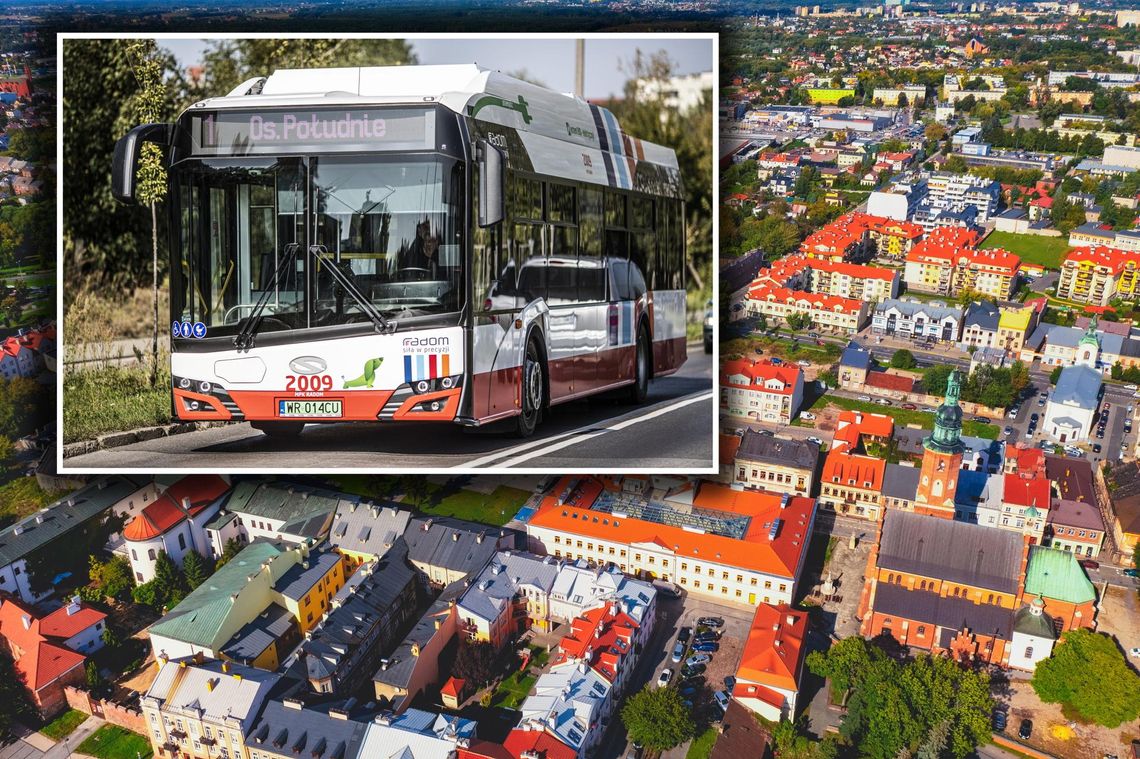 Na zdj. panorama Radomia i autobus elektryczny.